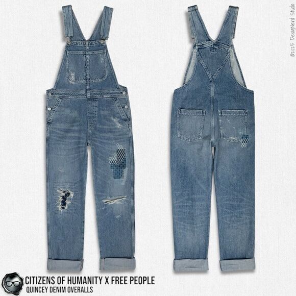 CITIZENS OF HUMANITY X FREE PEOPLE QUINCEY PATCHWORK EMBROIDERED DENIM OVERALLS - Picture 15 of 16
